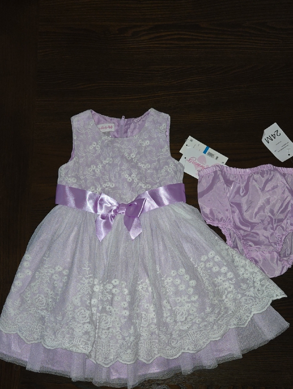 Bonnie Baby Lavender Lace Dress with Satin Bow Accent